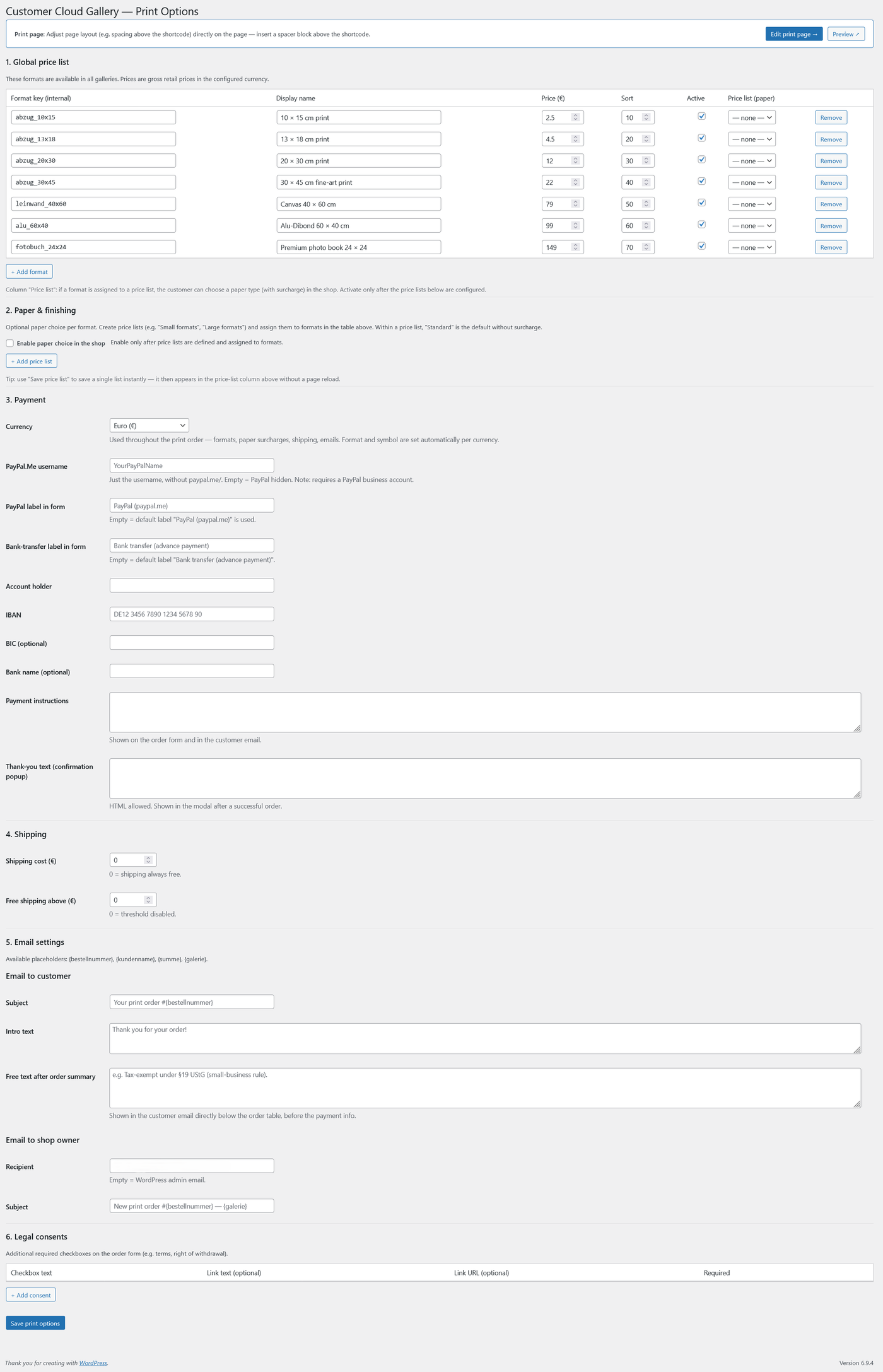 Screenshot: Druck-Optionen-Seite