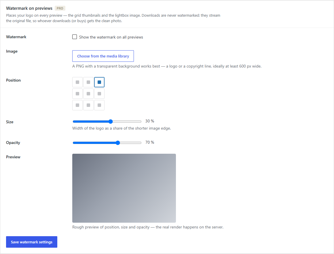 Screenshot: the watermark settings