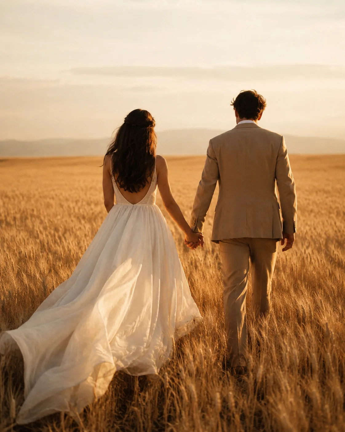 Bride and groom in a golden-hour wheat field — a sample client gallery photo