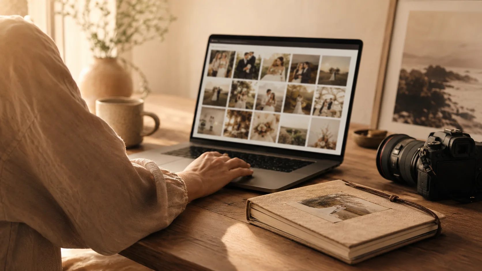 Eine Fotografin prüft eine Hochzeitsgalerie am Laptop am Schreibtisch — der Workflow, den Customer Cloud Gallery unterstützt.